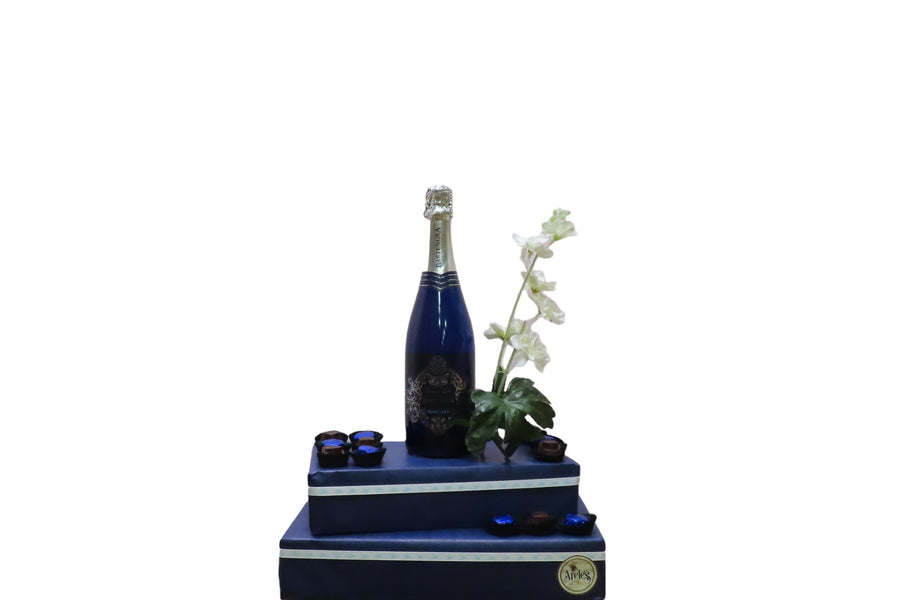 Kosher gift arrangement with Bartenura - kosher champagne and kosher chocolates for newb-born baby gift. Shop gift hampers at Areles kosher wines and spirits.