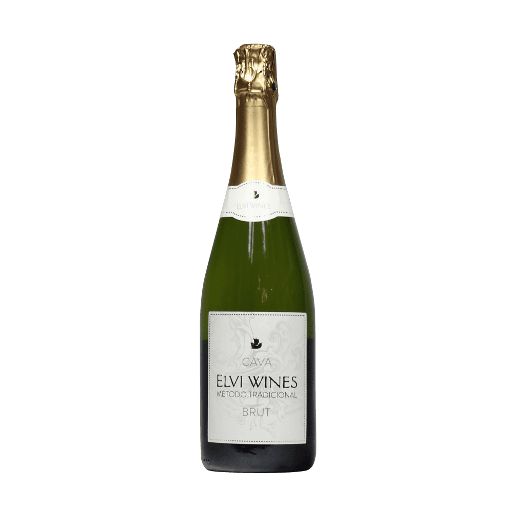 Image contains bottle of Elvi Wines Cava Brut with fine bubbles and elegant label, a Spanish kosher sparkling wine with apple and citrus aromas.