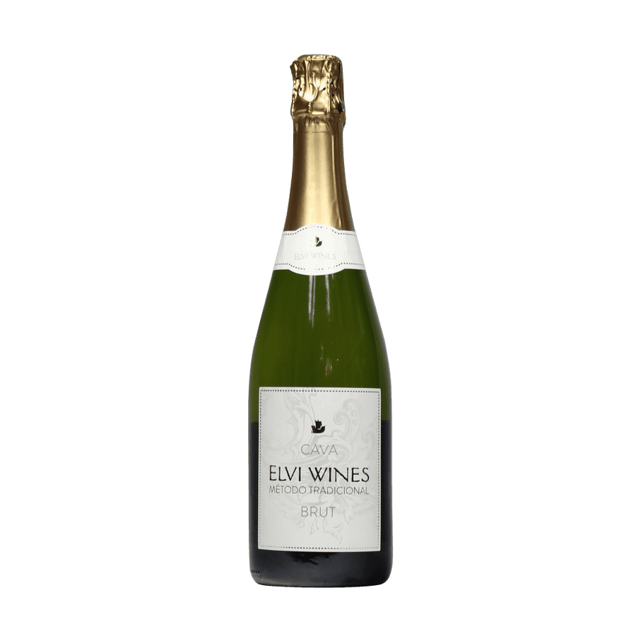 Image contains bottle of Elvi Wines Cava Brut with fine bubbles and elegant label, a Spanish kosher sparkling wine with apple and citrus aromas.