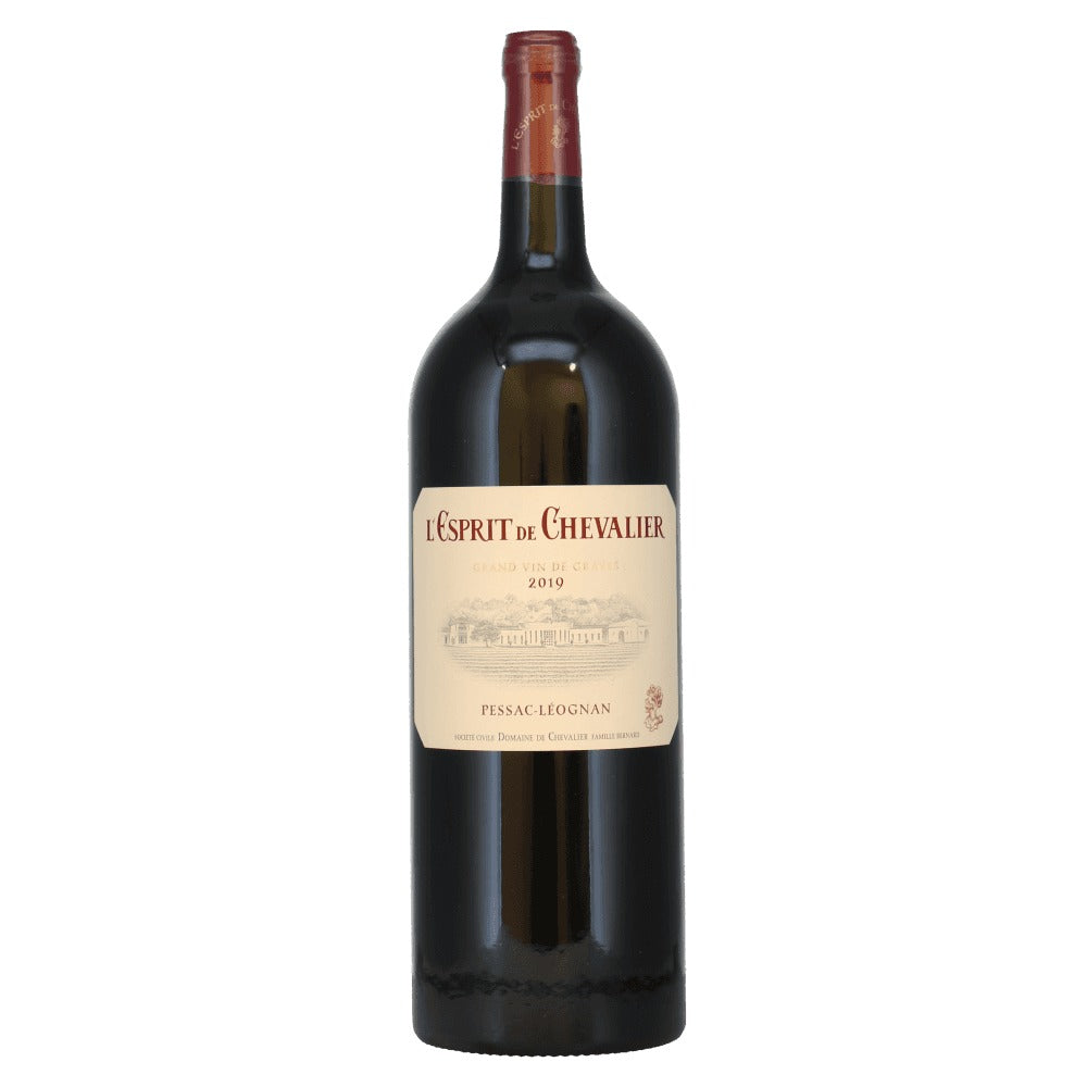 Bottle of Esprit De Chevalier 2019, Bordeaux red wine known for elegance and balanced tannins, from Domaine de Chevalier - a kosher wine gift choice.