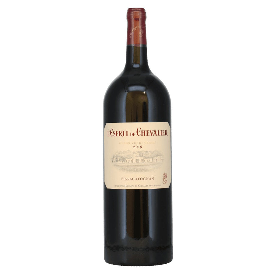 Bottle of Esprit De Chevalier 2019, Bordeaux red wine known for elegance and balanced tannins, from Domaine de Chevalier - a kosher wine gift choice.