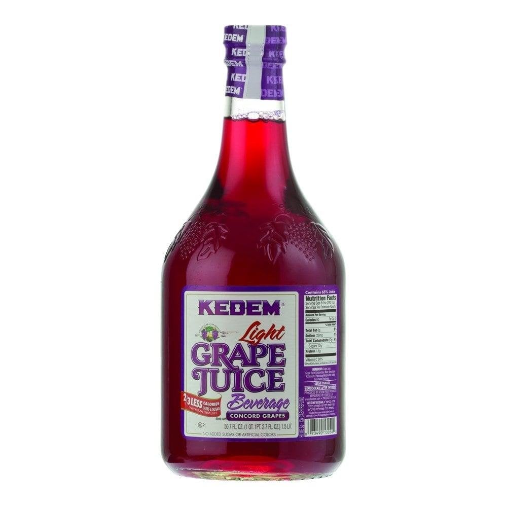 A 1.5L bottle of Kedem light grape juice made with concord grapes for kiddish wine.