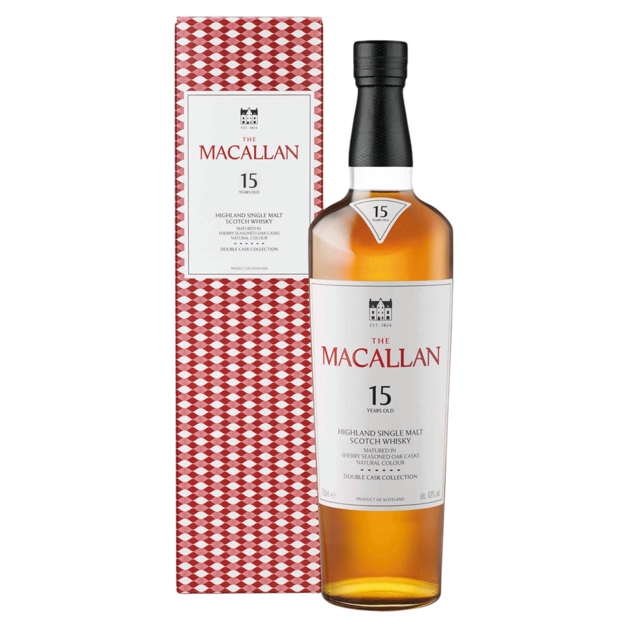 Macallan 15-year-old double cask whisky bottle and box - a highland single malt kosher whisky.