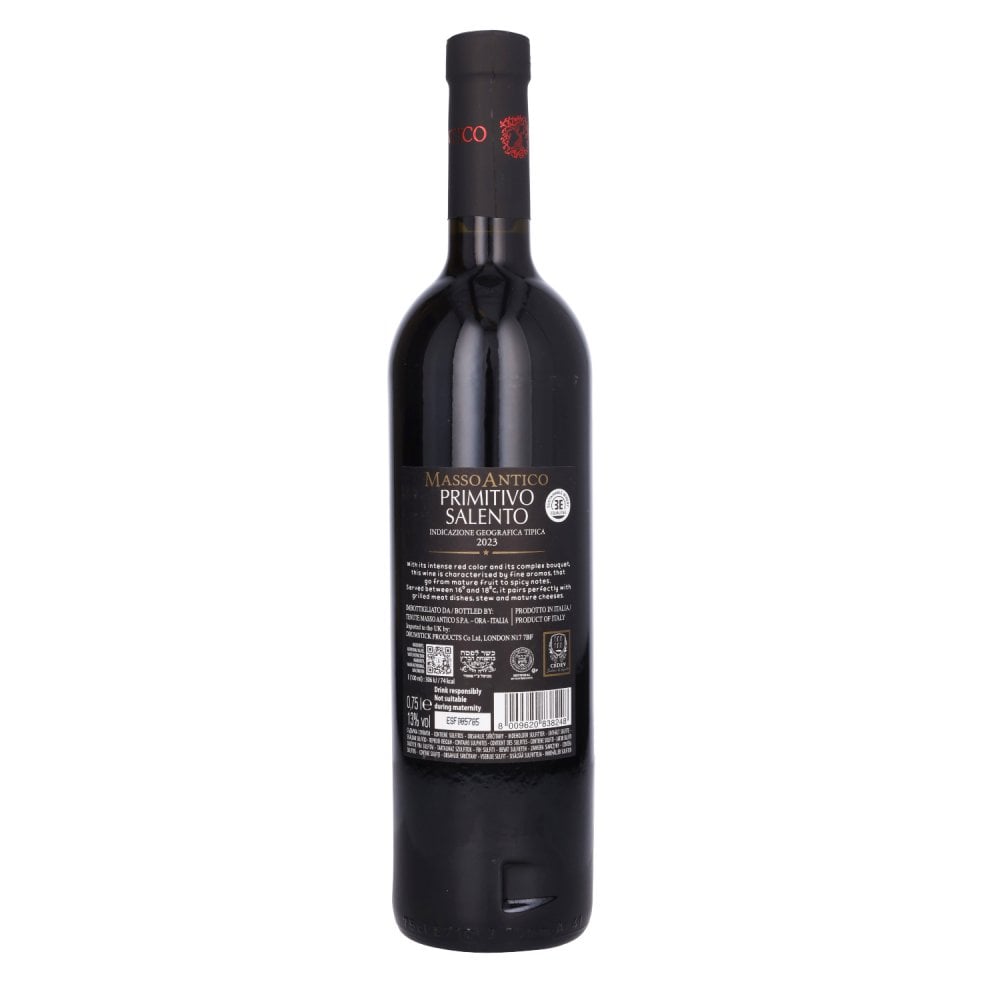Back of Masso Antico Primitivo bottle, dry red kosher wine bottle from 2023