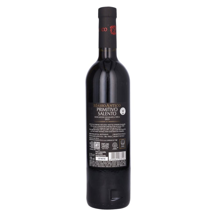 Back of Masso Antico Primitivo bottle, dry red kosher wine bottle from 2023
