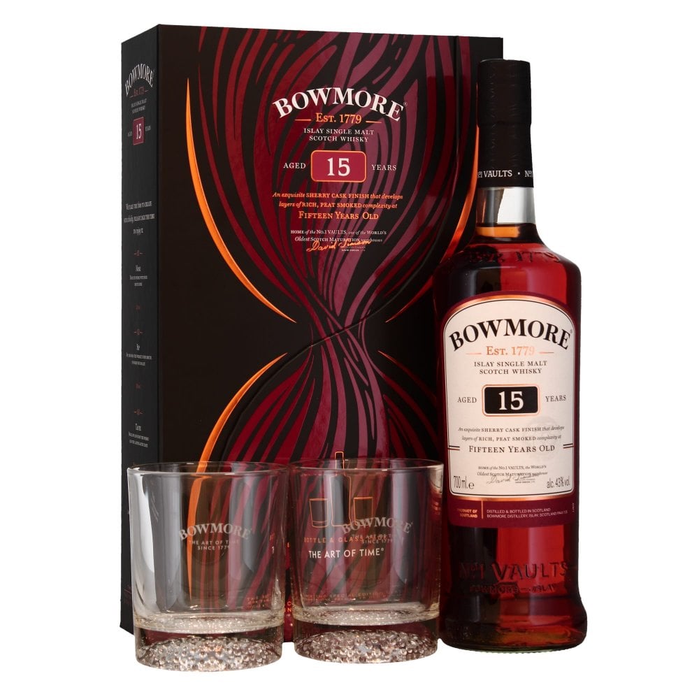 Bowmore 15 year old whisky with whisky glasses.