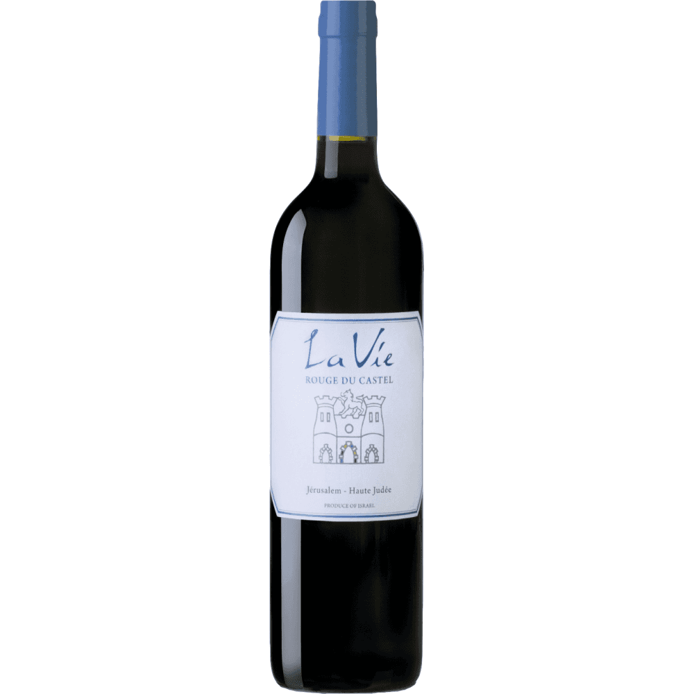 a bottle of Domaine du Castel La Vie Rouge. A dry red kosher wine.