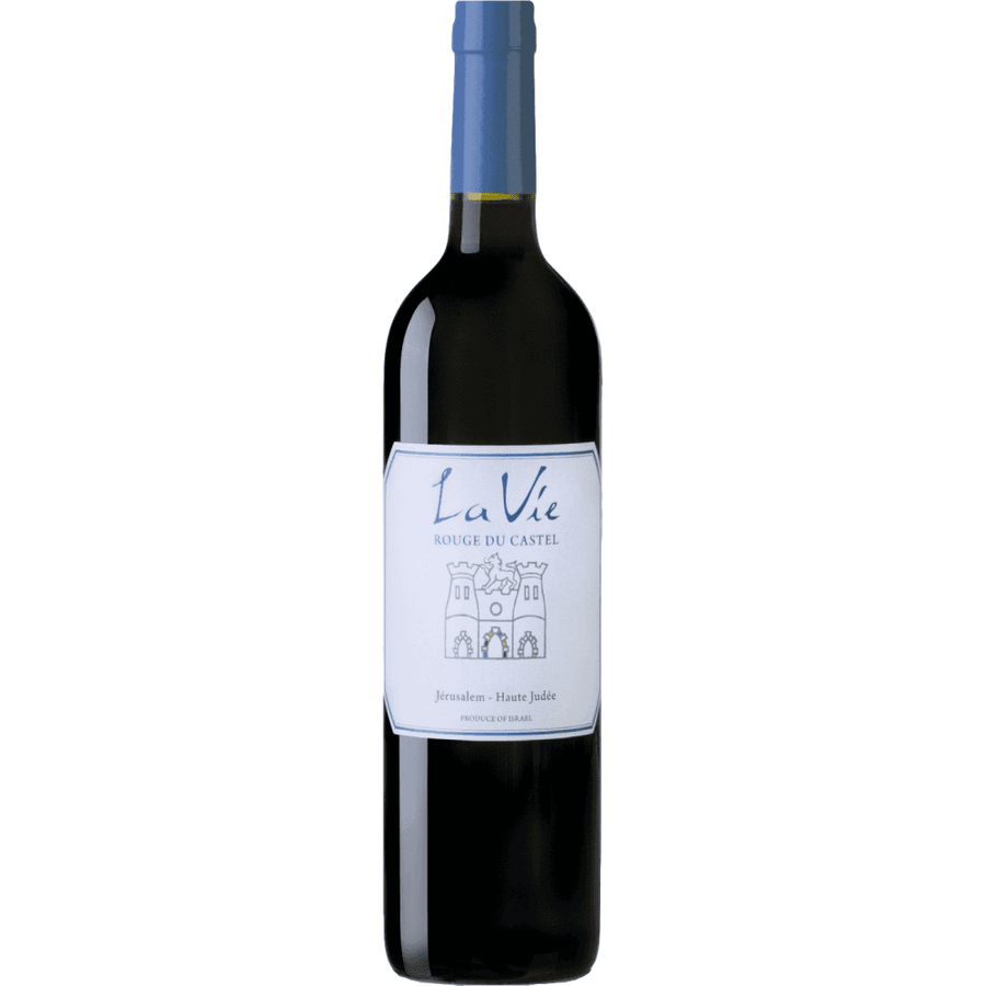 a bottle of Domaine du Castel La Vie Rouge. A dry red kosher wine.