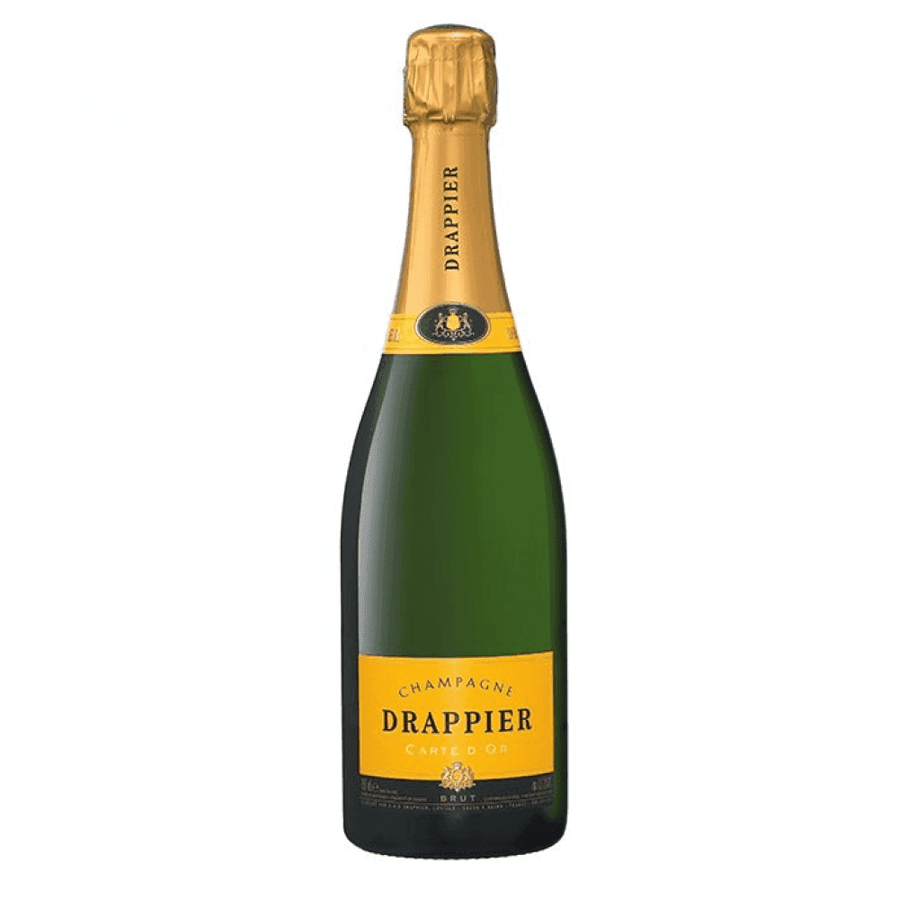 Drappier Champagne Carte d'Or bottle, showcasing its elegant golden hue and classic label, representing its refined taste and blend of kosher Pinot Noir and Chardonnay.