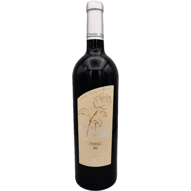 A bottle of Domaine Roses Camille 2011 Pomerol, a dry red kosher wine from Israel.