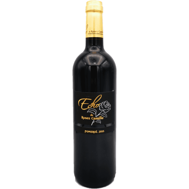 Image of Echo de Roses Camille 2015 Pomerol bottle, featuring its elegant ruby red hue and deep, aromatic profile of this kosher wine with floral and fruity notes.