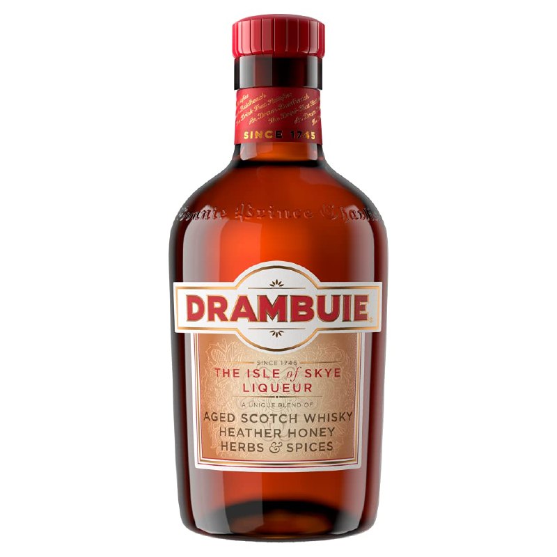 Drambuie Scotch Whisky Liqueur bottle, showcasing its distinctive label and rich blend of aged Scotch whisky, spices, herbs, and Scottish heather honey. Kosher whisky liqueur.