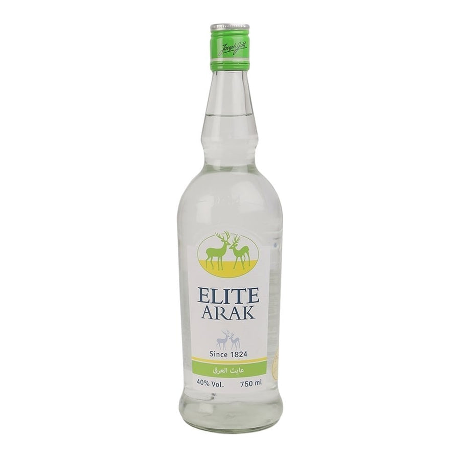 Bottle of Elite Arak, a clear Israeli aniseed-flavored kosher spirit, often served with ice or diluted with water.
