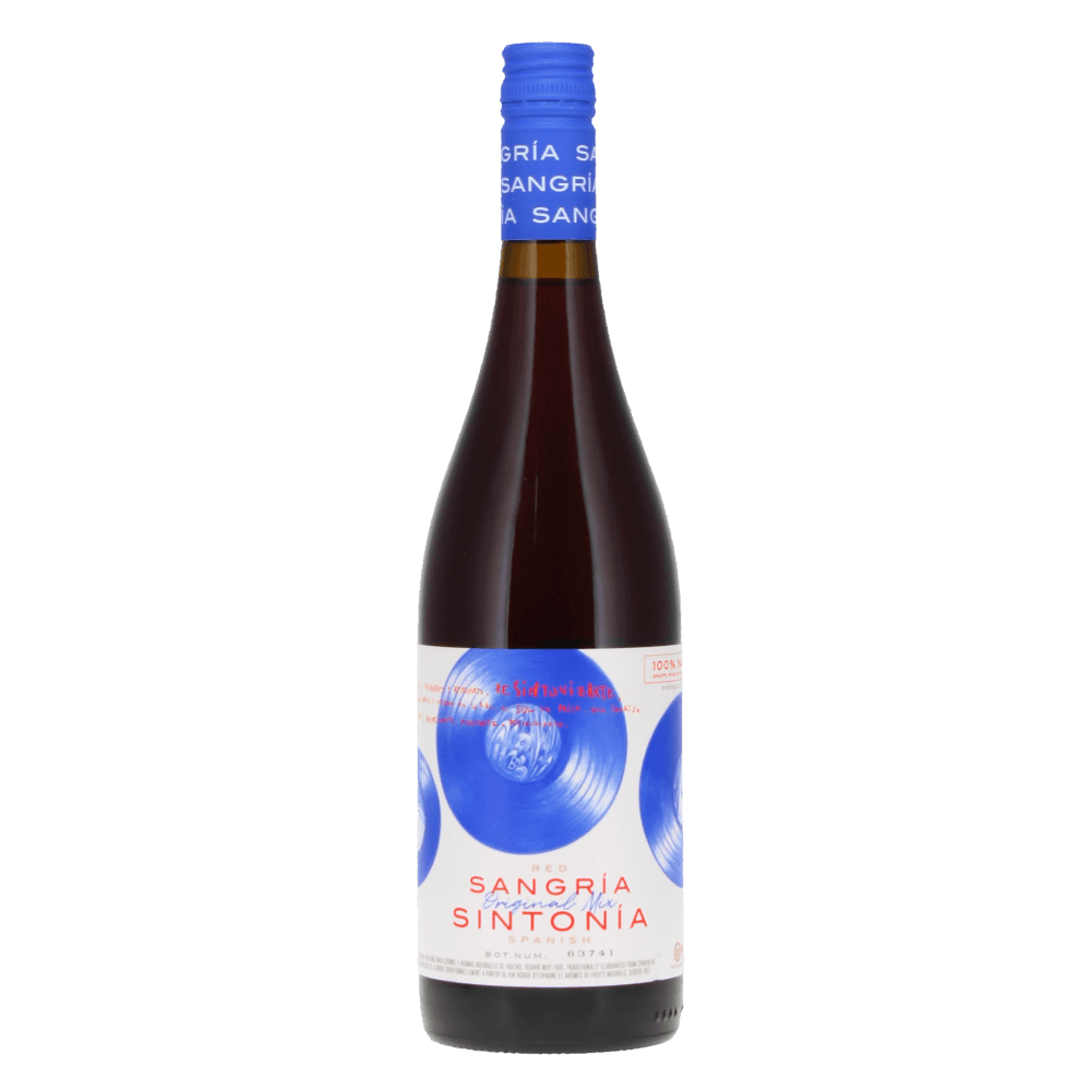 Image of a bottle of Elvi Sangria Sintonia Red with citrus fruits and berries, a sweet and refreshing ready-to-drink kosher sangria from Spain.