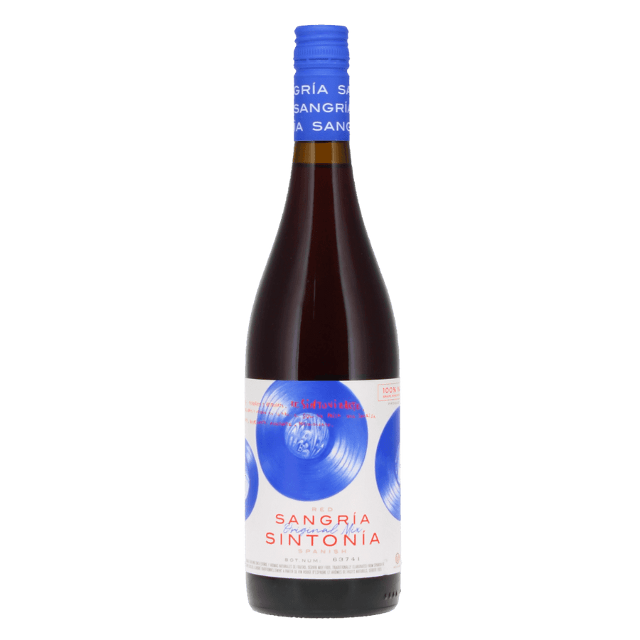 Image of a bottle of Elvi Sangria Sintonia Red with citrus fruits and berries, a sweet and refreshing ready-to-drink kosher sangria from Spain.