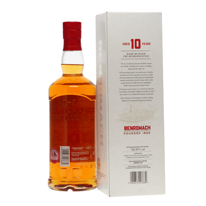 Bottle and box of Benromach 10-year-old hand made whisky