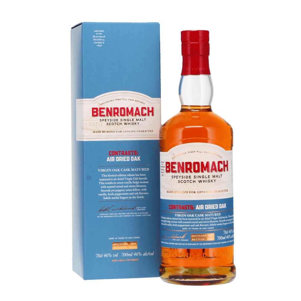 Benromach Speyside Single Malt Scotch Whisky bottle and packaging  - a speyside single malt scotch whisky in virgin oak casks. 
