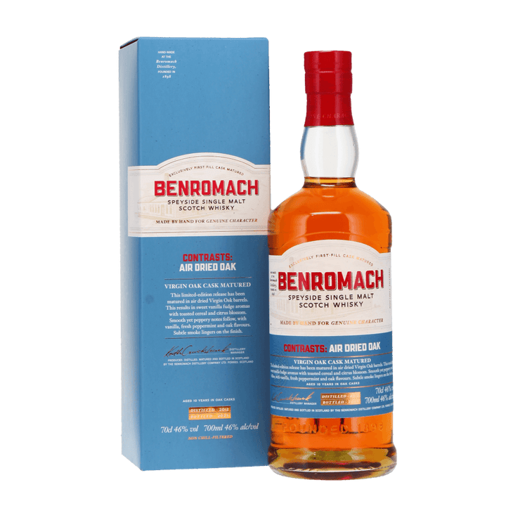 Benromach Speyside Single Malt Scotch Whisky bottle and packaging  - a speyside single malt scotch whisky in virgin oak casks. 