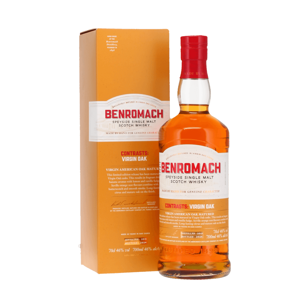 Benromach Scotch Whisky bottle and packaging - a speyside single malt scotch whiskey in virgin oaks. 