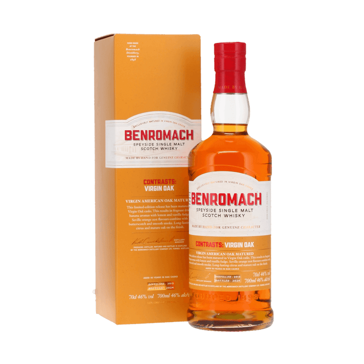 Benromach Scotch Whisky bottle and packaging - a speyside single malt scotch whiskey in virgin oaks. 