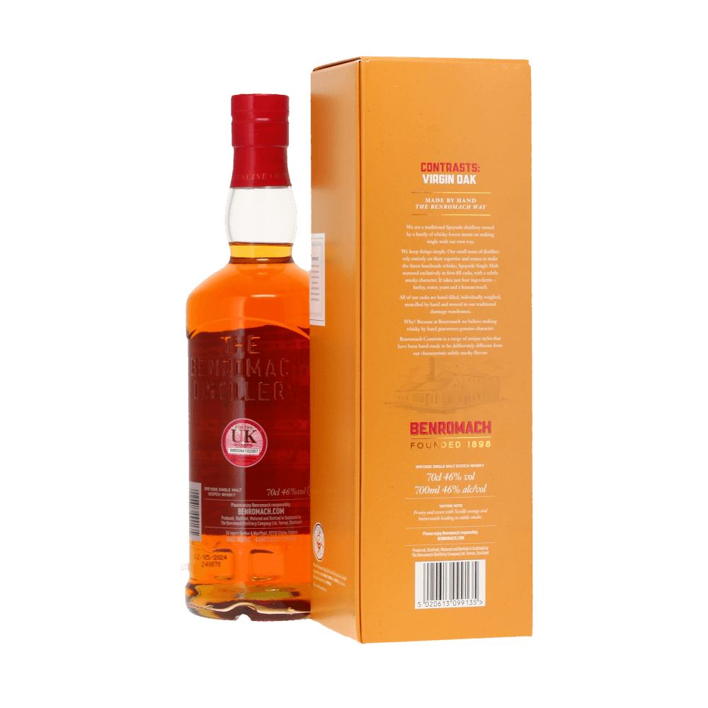 Back of bottle and box of Benromach Contrasts Virgin Oak 2013 - bottled in 2024