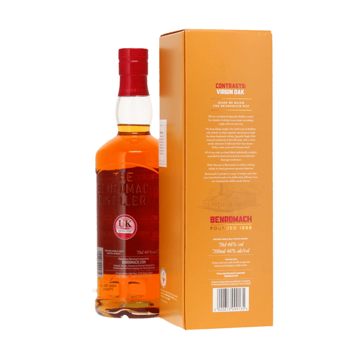 Back of bottle and box of Benromach Contrasts Virgin Oak 2013 - bottled in 2024