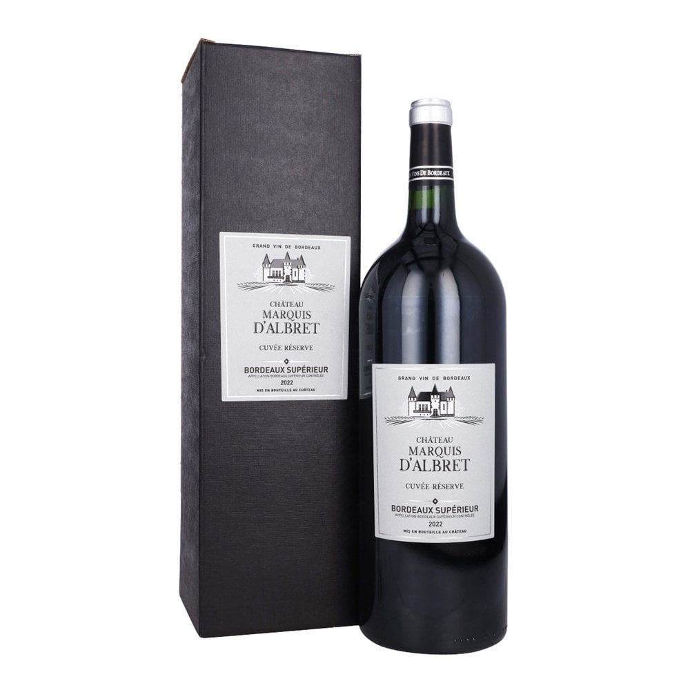 Bottle of Chateau Marquis D'albret Cabernet Sauvignon wine with a matching box
