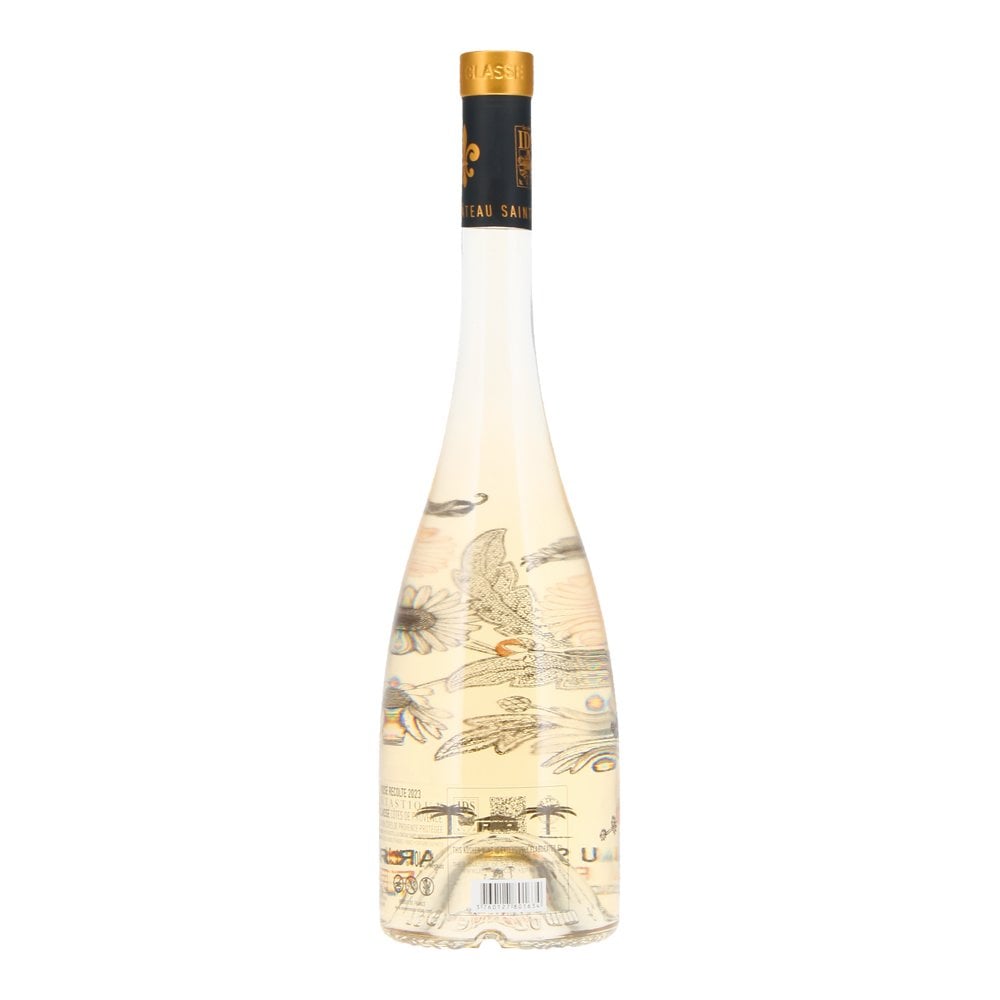 Back of artistic white wine - Chateau Sainte Marguerite Fantastique Blanc, kosher wine. 