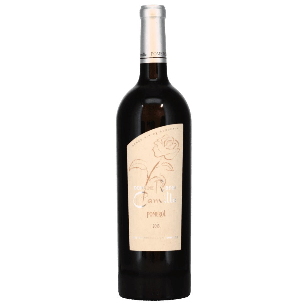 A premium bottle of Domaine Roses Camille 2015 Pomerol, a kosher red wine from the French vineyards. 