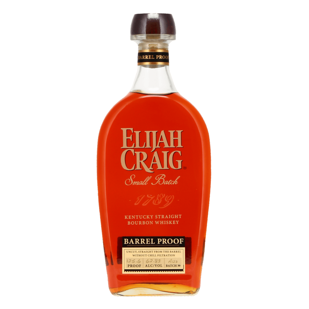 Bottle of Elijah Craig small batch Kentucky straight bourbon whiskey 1789 - barrel proof uncut spirit. 