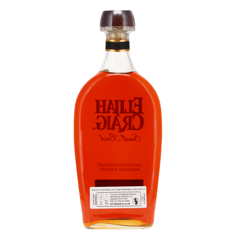 Back of bottle of Elijah Craig barrel proof bourbon 