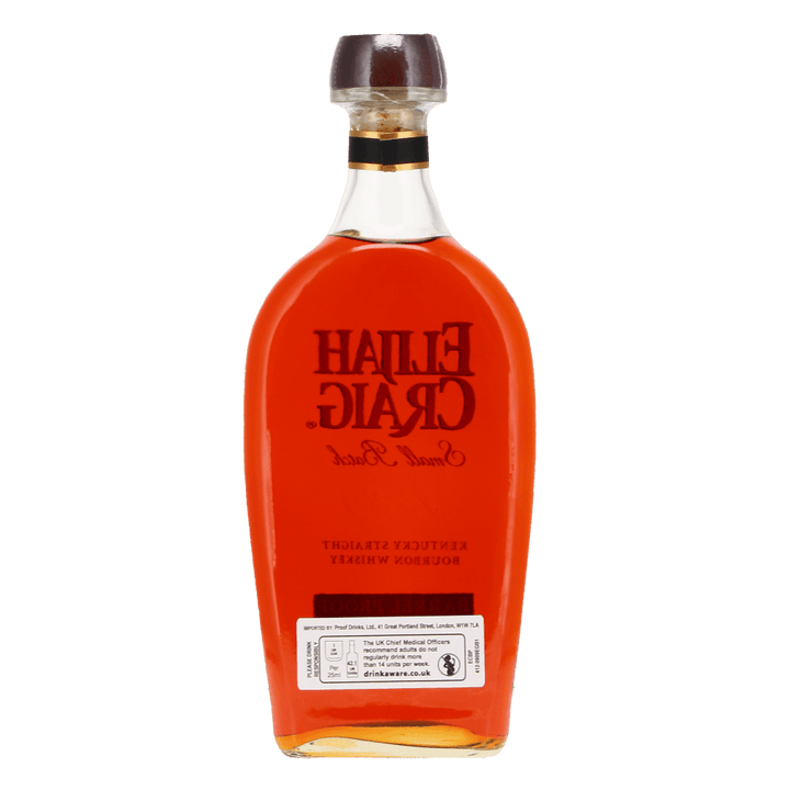 Back of bottle of Elijah Craig barrel proof bourbon 