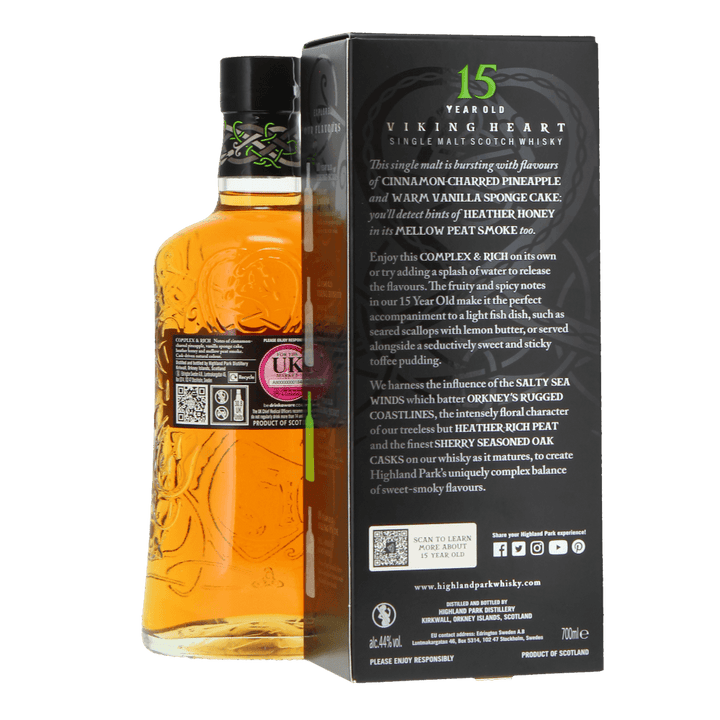 Back of bottle and box of 15 year old Viking heart - single malt scotch whisky 