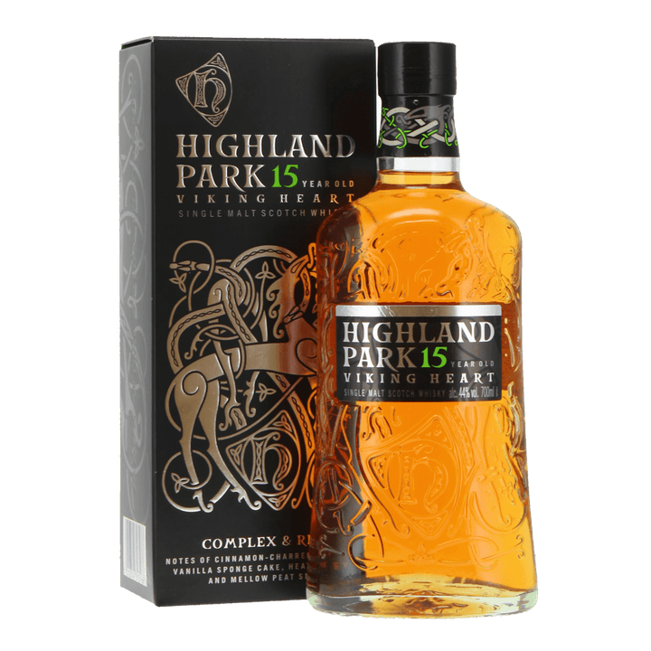 Highland Park 15-year-old viking heart - single malt scotch whisky in beautiful bottle and packaging. 
