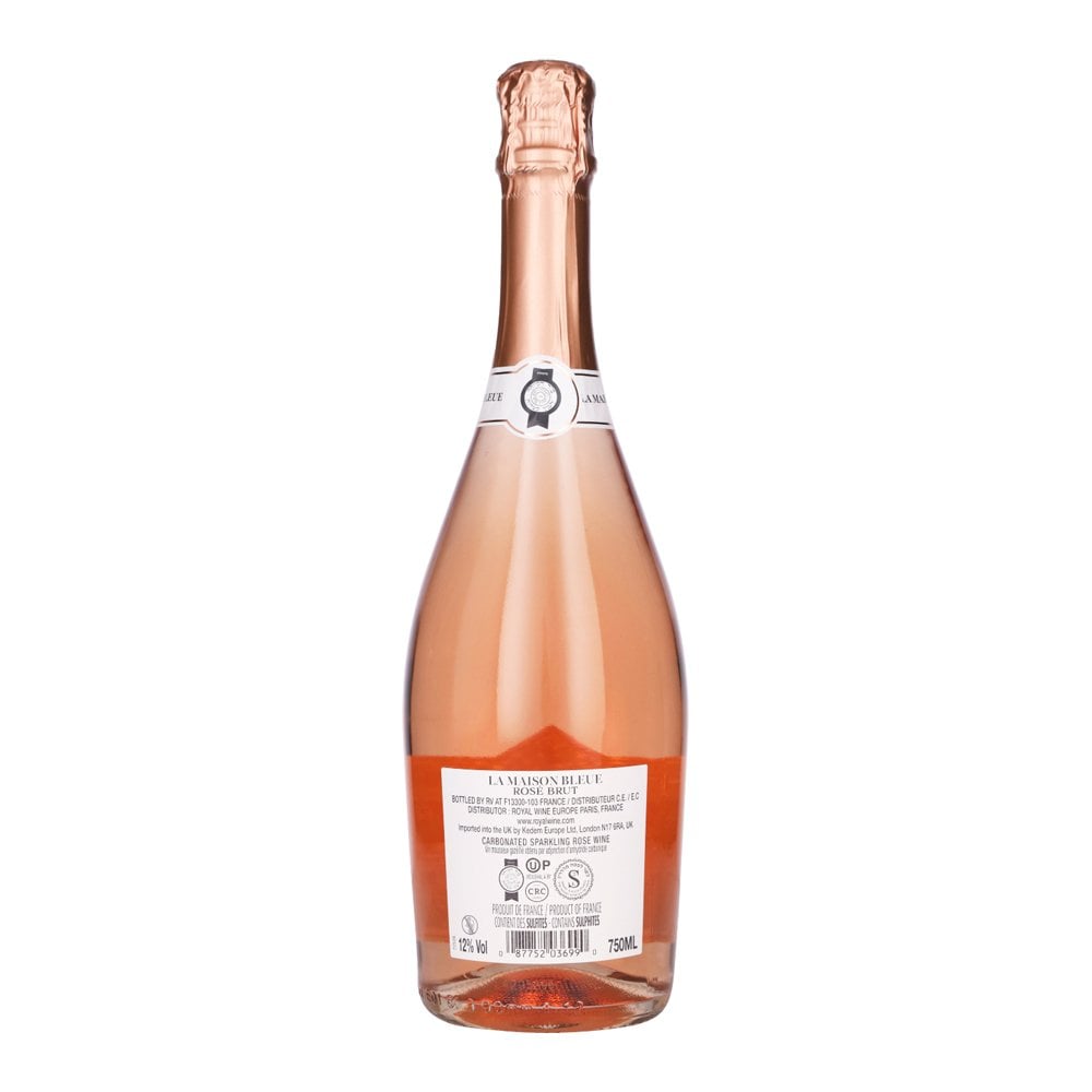 Kosher wine bottle of La Maison Blue Rose Brut - a dry champagne. 