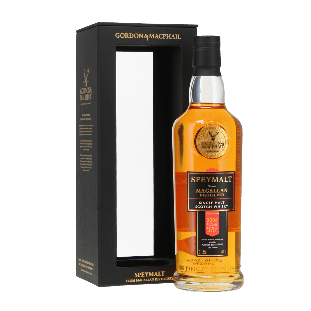 Bottle of Speymalt whisky from Macallan Distillery - single malt scotch whisky from 2006. Gordon and Macphail bottle. 