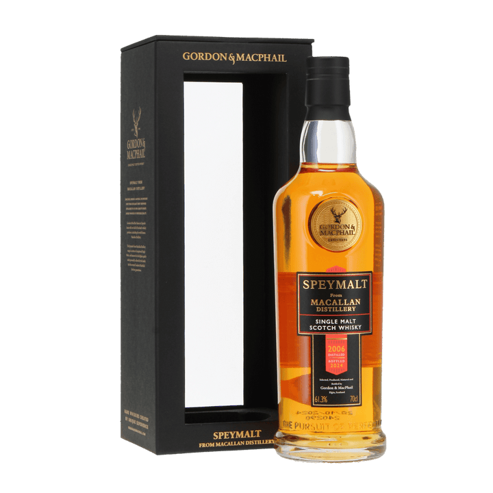 Bottle of Speymalt whisky from Macallan Distillery - single malt scotch whisky from 2006. Gordon and Macphail bottle. 