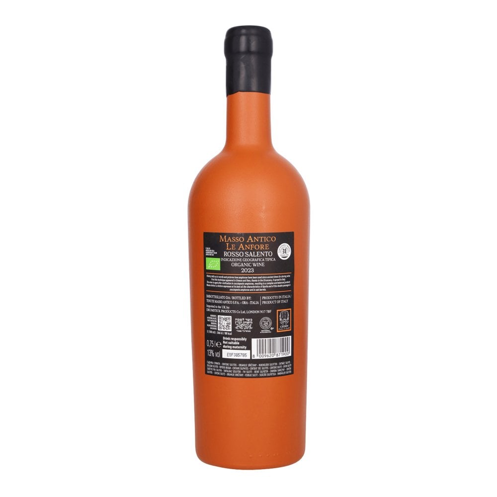 Back of Masso Antico Le Anfore an orange bottle of kosher organic wine, produced in Italy. 