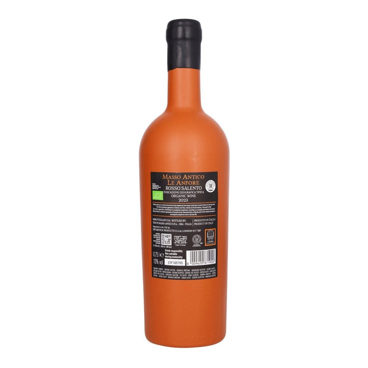Back of Masso Antico Le Anfore an orange bottle of kosher organic wine, produced in Italy. 
