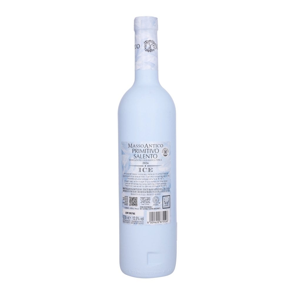 Back of Masso Antico Primitivo Ice bottle, kosher wine from 2024