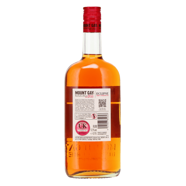 Back of a bottle of Mount Gay Eclipse Barbados rum with Navy strength 