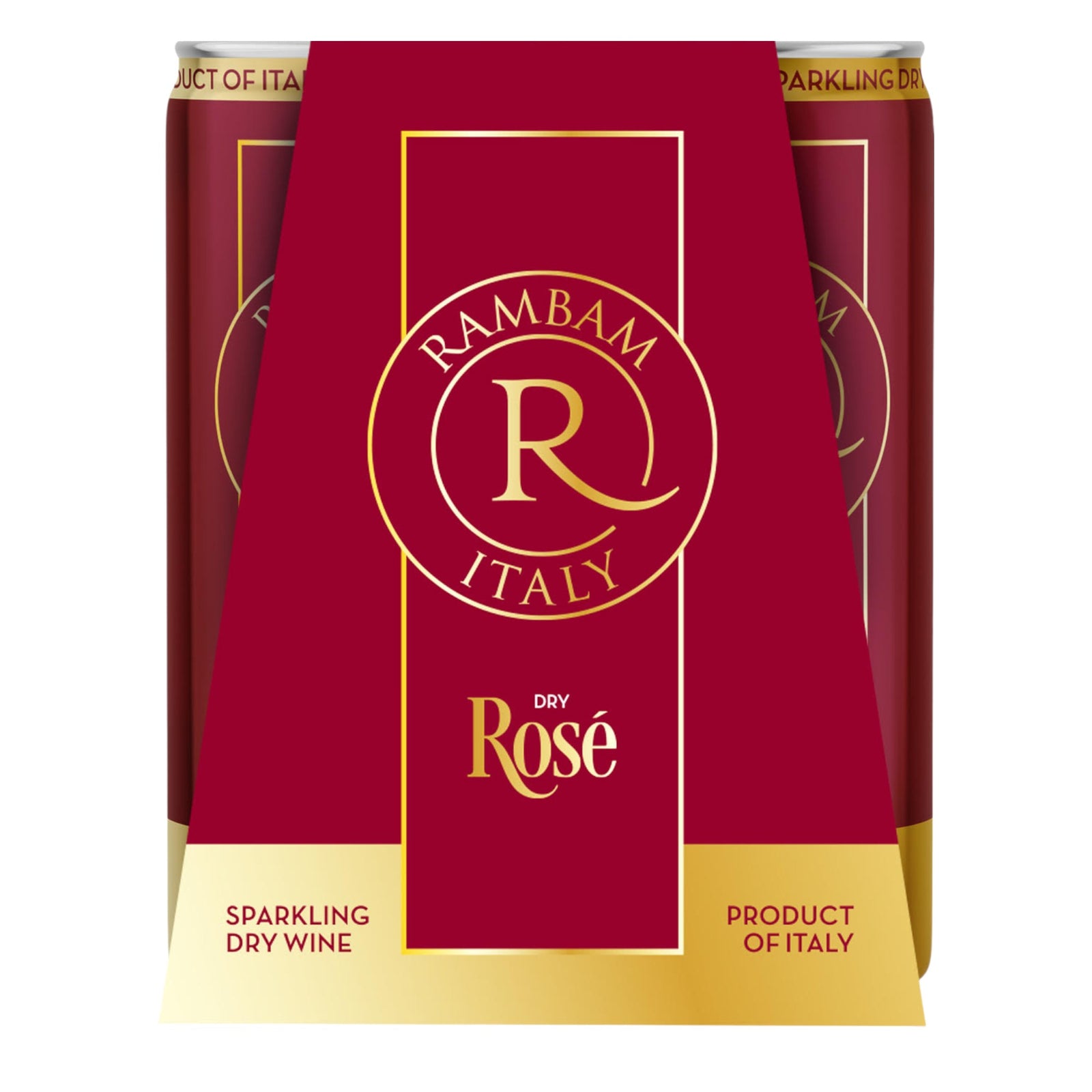 Pack of 4 of Rambam Italy Dry Rosé sparkling kosher wine with red and gold design.