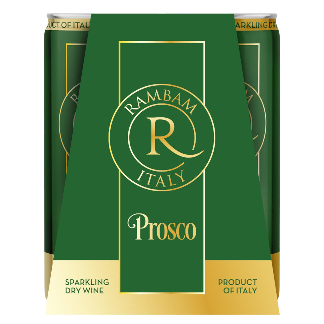 Pack of 4 of Rambam Italy kosher Prosecco sparkling dry wine cans. 