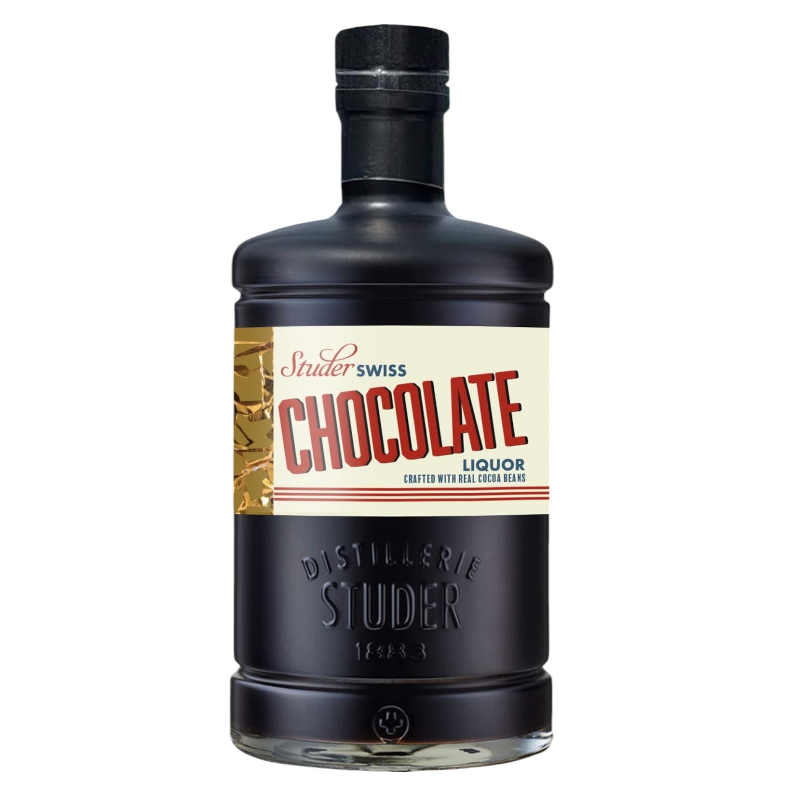 Bottle of Struder Swiss chocolate liquor crafted with real cocoa beans