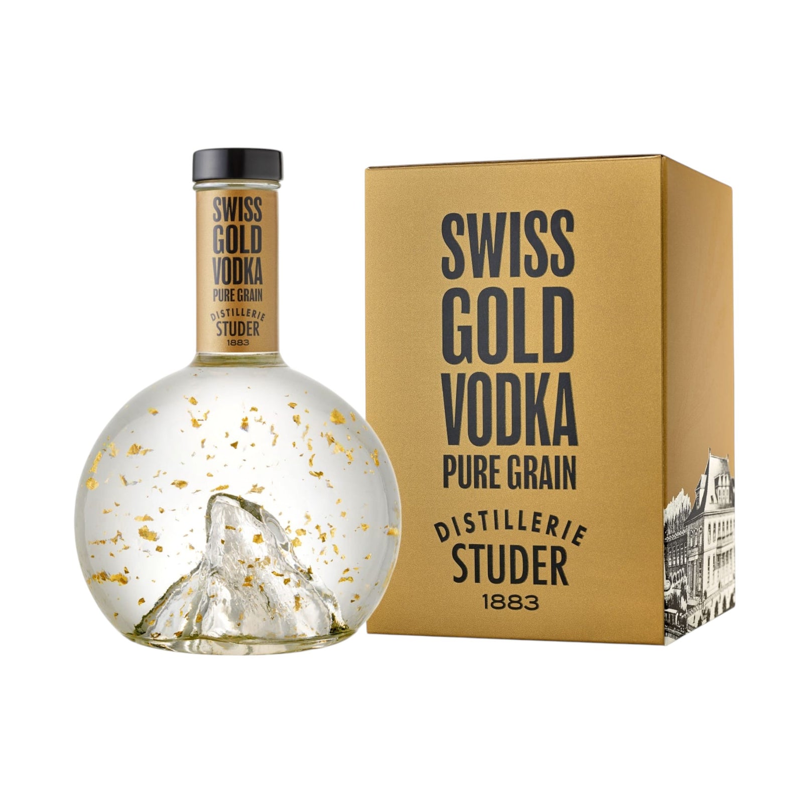 Bottle of Studer distillery Swiss gold vodka - pure grain with gold flakes. 