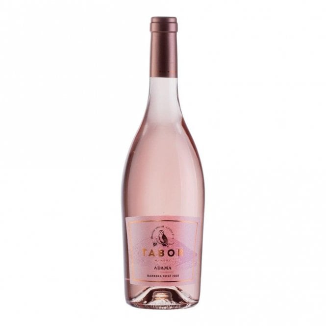 A bottle of kosher Rosé  - Tabor Adama Barbera Rosé wine with a pink hue and sweet dry taste