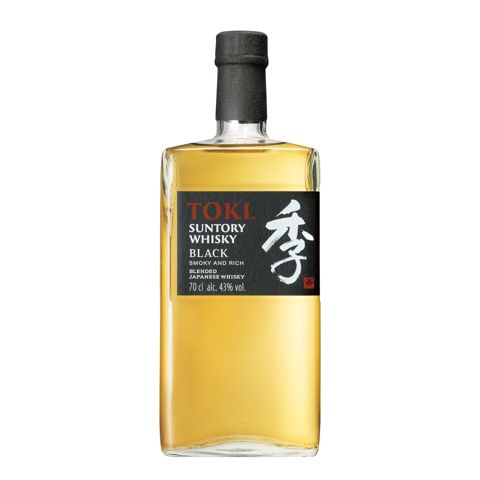 Bottle of Toki Suntory whisky, black smoky and rich blended Japanese whiskey in a 700ml bottle with 43% alcohol volume. 