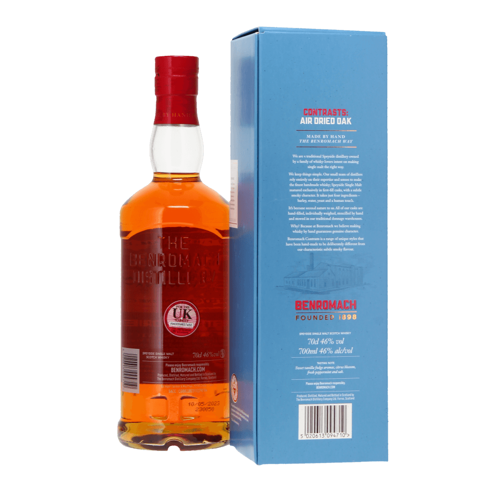 Back of bottle of Benromach whisky with its packaging - kosher whisky