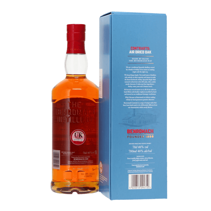 Back of bottle of Benromach whisky with its packaging - kosher whisky