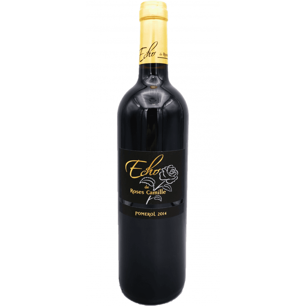 Image of Echo de Roses Camille 2014 Pomerol bottle, showcasing its elegant design and deep, ruby-hued red kosher wine with floral and fruity aromas.
